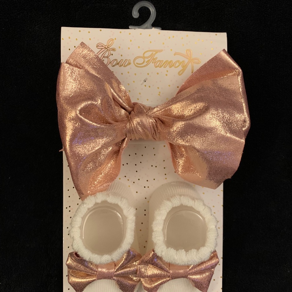 NEW Bow Fancy Baby Girl Rose Gold Booties & Bow Set